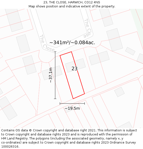 23, THE CLOSE, HARWICH, CO12 4NS: Plot and title map
