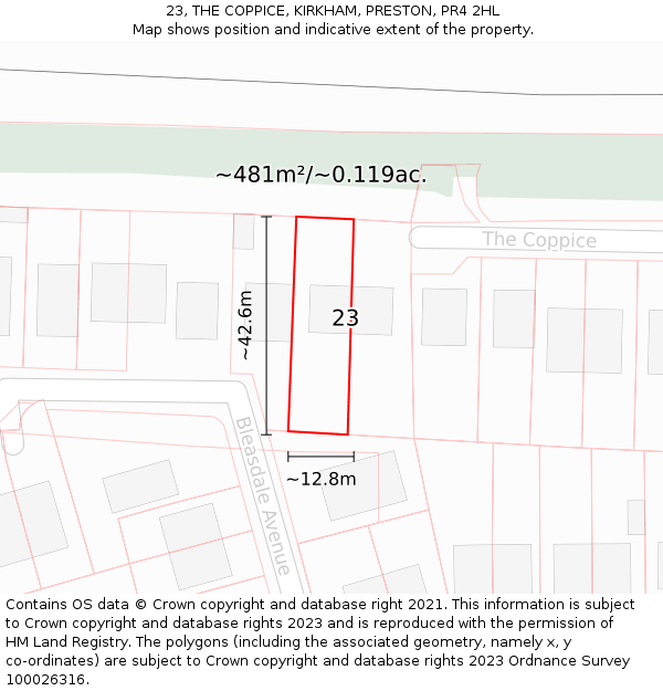 23, THE COPPICE, KIRKHAM, PRESTON, PR4 2HL: Plot and title map