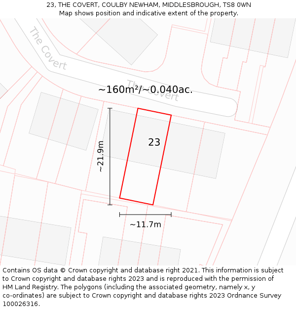 23, THE COVERT, COULBY NEWHAM, MIDDLESBROUGH, TS8 0WN: Plot and title map