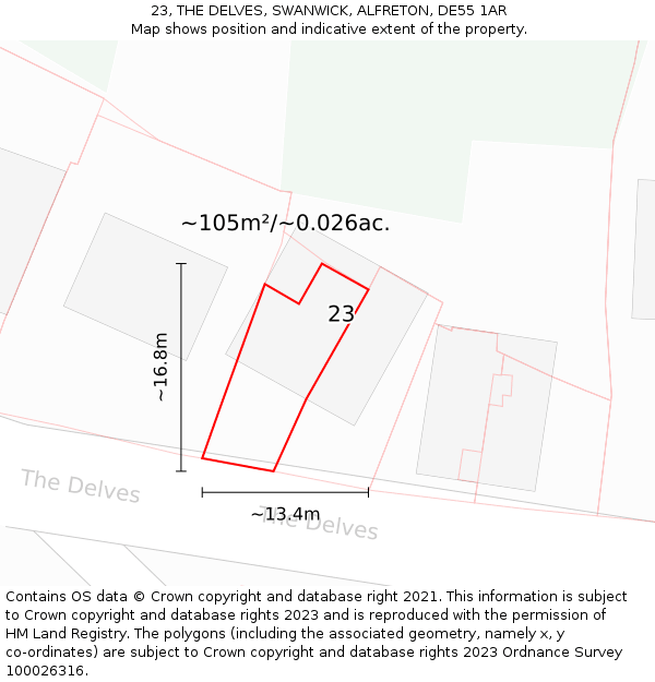 23, THE DELVES, SWANWICK, ALFRETON, DE55 1AR: Plot and title map