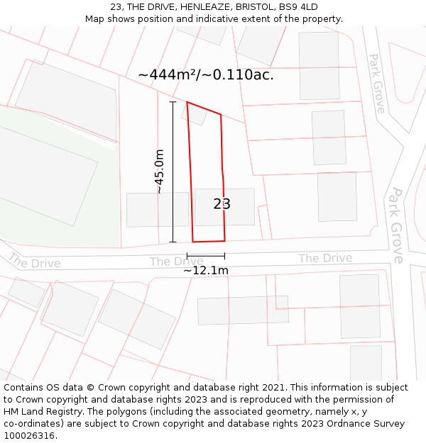 23, THE DRIVE, HENLEAZE, BRISTOL, BS9 4LD: Plot and title map