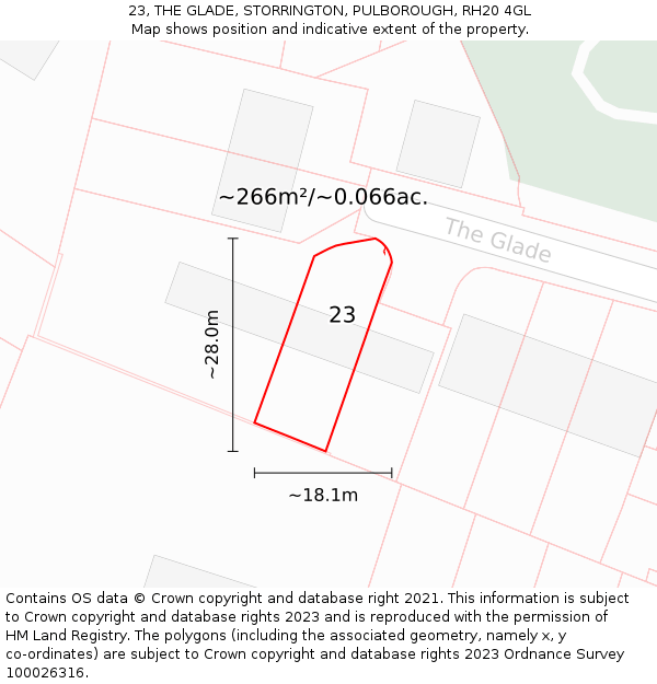 23, THE GLADE, STORRINGTON, PULBOROUGH, RH20 4GL: Plot and title map