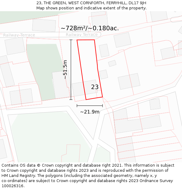 23, THE GREEN, WEST CORNFORTH, FERRYHILL, DL17 9JH: Plot and title map