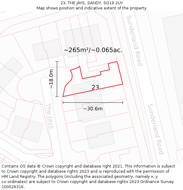 23, THE JAYS, SANDY, SG19 2UY: Plot and title map
