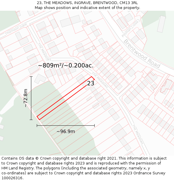 23, THE MEADOWS, INGRAVE, BRENTWOOD, CM13 3RL: Plot and title map
