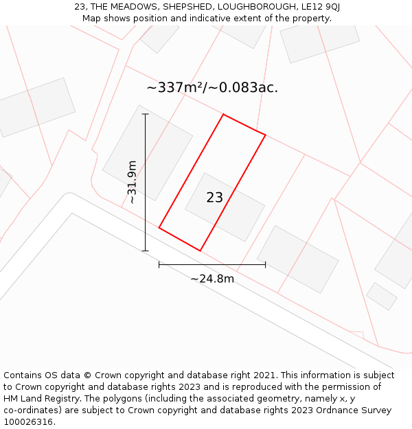 23, THE MEADOWS, SHEPSHED, LOUGHBOROUGH, LE12 9QJ: Plot and title map