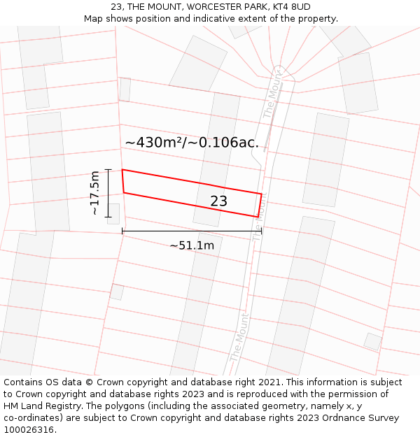 23, THE MOUNT, WORCESTER PARK, KT4 8UD: Plot and title map