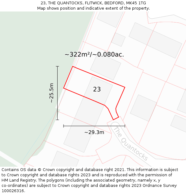 23, THE QUANTOCKS, FLITWICK, BEDFORD, MK45 1TG: Plot and title map