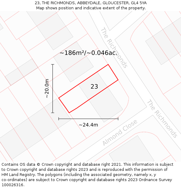 23, THE RICHMONDS, ABBEYDALE, GLOUCESTER, GL4 5YA: Plot and title map