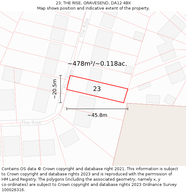 23, THE RISE, GRAVESEND, DA12 4BX: Plot and title map