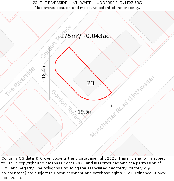 23, THE RIVERSIDE, LINTHWAITE, HUDDERSFIELD, HD7 5RG: Plot and title map