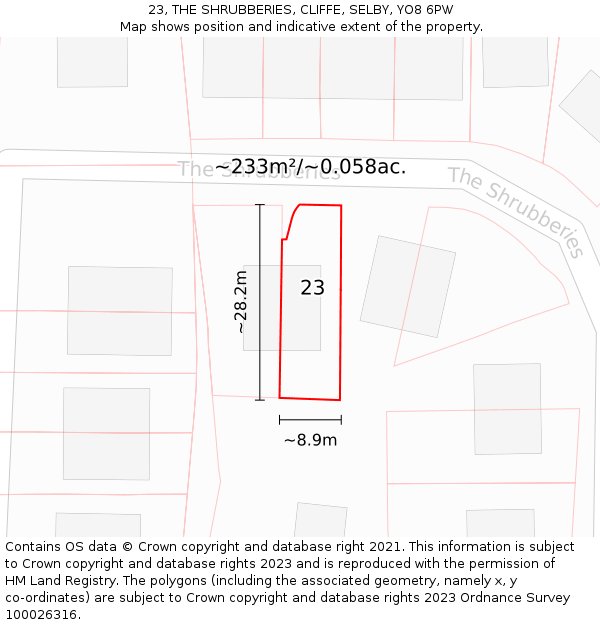 23, THE SHRUBBERIES, CLIFFE, SELBY, YO8 6PW: Plot and title map