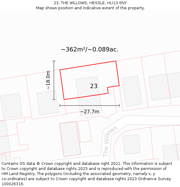 23, THE WILLOWS, HESSLE, HU13 0NY: Plot and title map