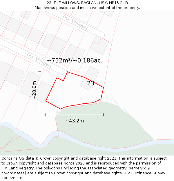23, THE WILLOWS, RAGLAN, USK, NP15 2HB: Plot and title map