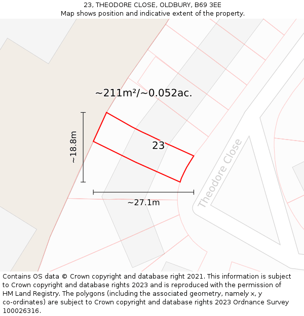 23, THEODORE CLOSE, OLDBURY, B69 3EE: Plot and title map