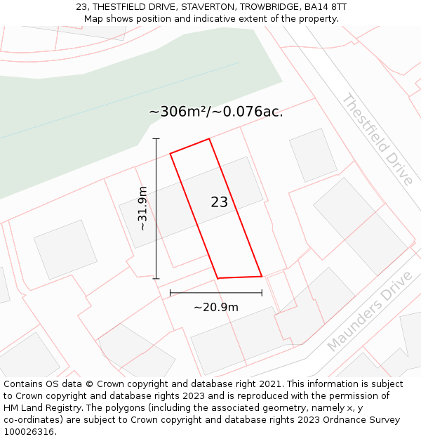 23, THESTFIELD DRIVE, STAVERTON, TROWBRIDGE, BA14 8TT: Plot and title map