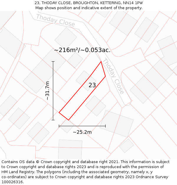 23, THODAY CLOSE, BROUGHTON, KETTERING, NN14 1PW: Plot and title map