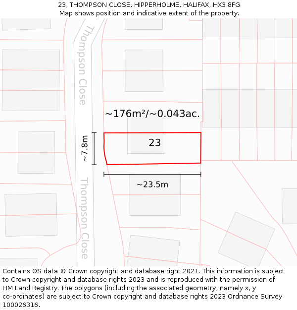 23, THOMPSON CLOSE, HIPPERHOLME, HALIFAX, HX3 8FG: Plot and title map