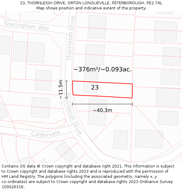 23, THORNLEIGH DRIVE, ORTON LONGUEVILLE, PETERBOROUGH, PE2 7AL: Plot and title map