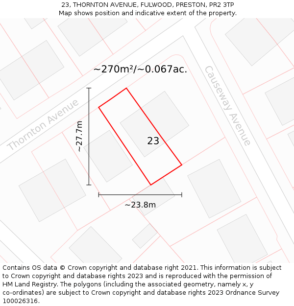 23, THORNTON AVENUE, FULWOOD, PRESTON, PR2 3TP: Plot and title map