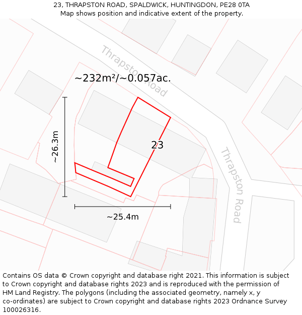 23, THRAPSTON ROAD, SPALDWICK, HUNTINGDON, PE28 0TA: Plot and title map