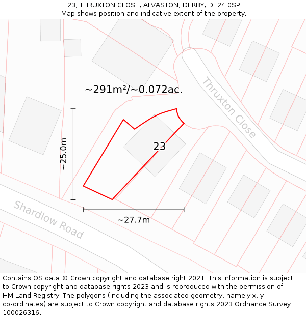 23, THRUXTON CLOSE, ALVASTON, DERBY, DE24 0SP: Plot and title map