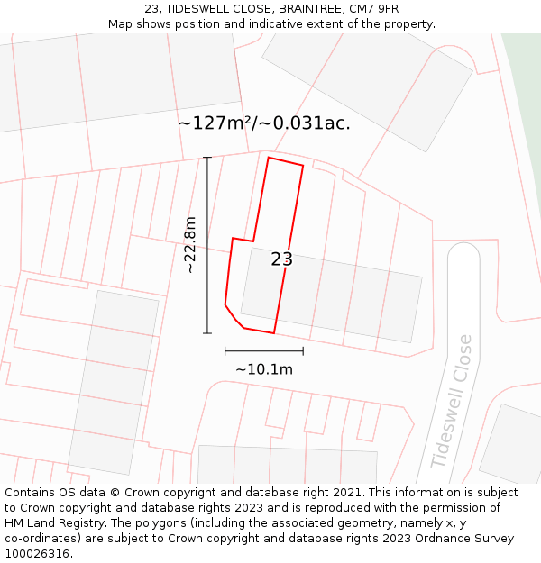 23, TIDESWELL CLOSE, BRAINTREE, CM7 9FR: Plot and title map
