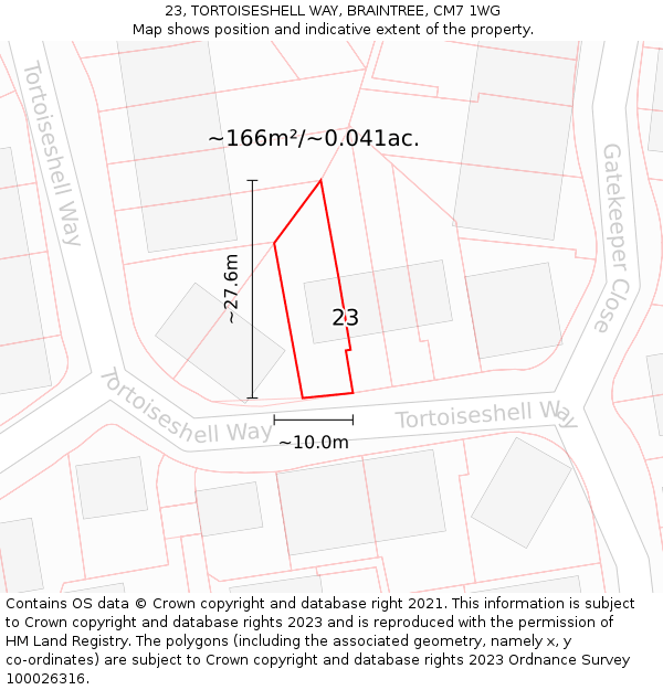 23, TORTOISESHELL WAY, BRAINTREE, CM7 1WG: Plot and title map