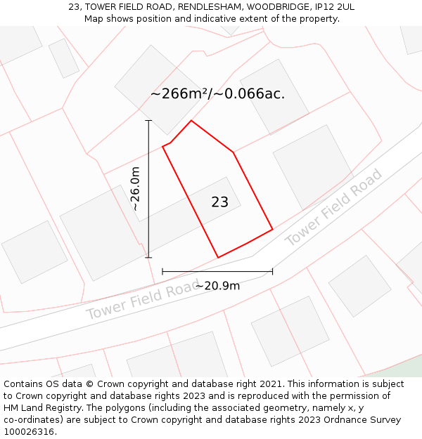 23, TOWER FIELD ROAD, RENDLESHAM, WOODBRIDGE, IP12 2UL: Plot and title map