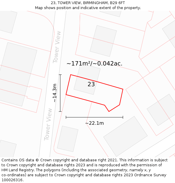 23, TOWER VIEW, BIRMINGHAM, B29 6FT: Plot and title map