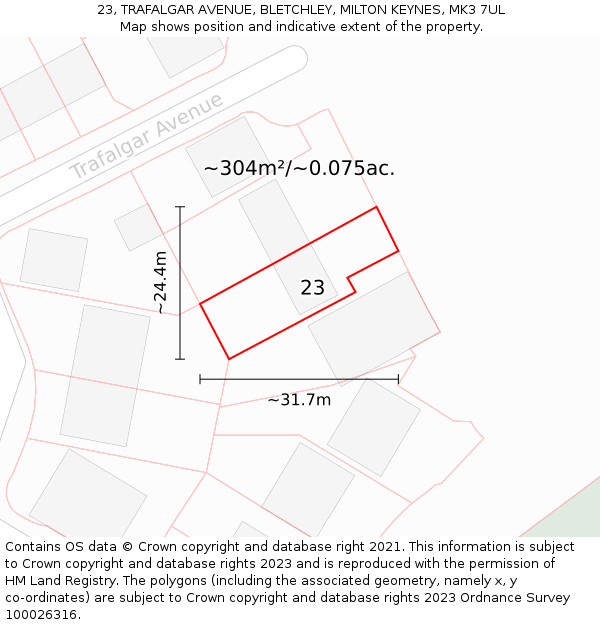 23, TRAFALGAR AVENUE, BLETCHLEY, MILTON KEYNES, MK3 7UL: Plot and title map
