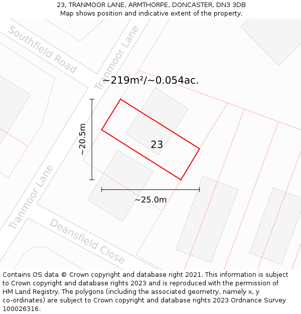 23, TRANMOOR LANE, ARMTHORPE, DONCASTER, DN3 3DB: Plot and title map