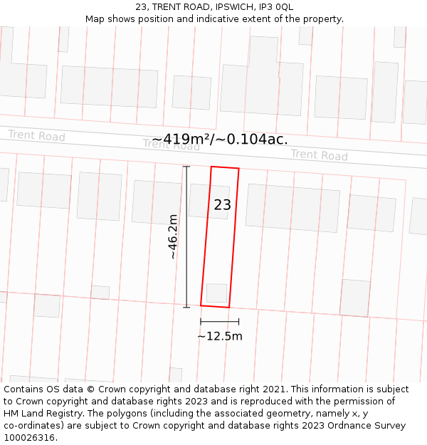 23, TRENT ROAD, IPSWICH, IP3 0QL: Plot and title map