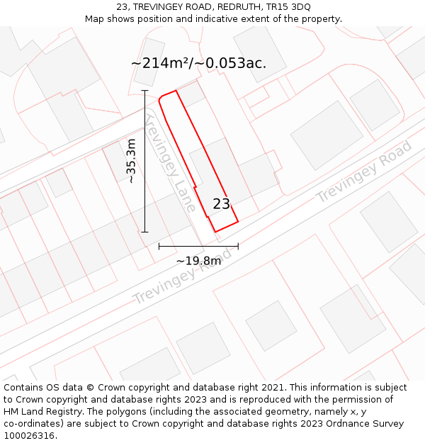 23, TREVINGEY ROAD, REDRUTH, TR15 3DQ: Plot and title map