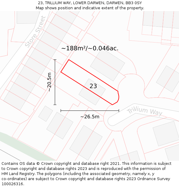 23, TRILLIUM WAY, LOWER DARWEN, DARWEN, BB3 0SY: Plot and title map