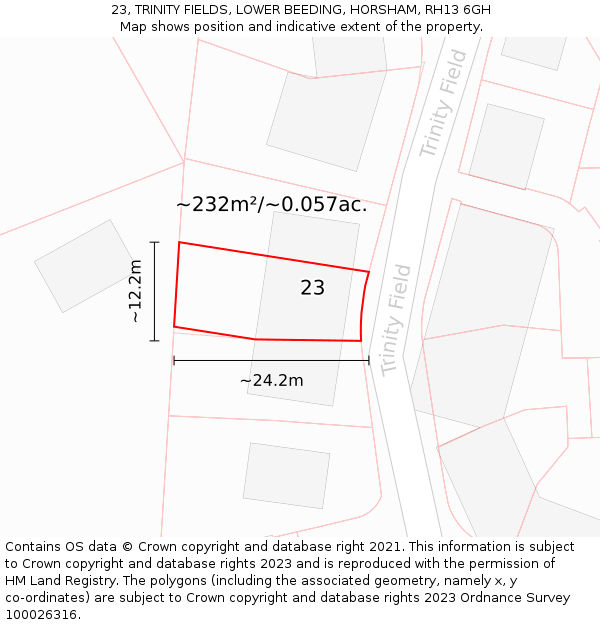 23, TRINITY FIELDS, LOWER BEEDING, HORSHAM, RH13 6GH: Plot and title map