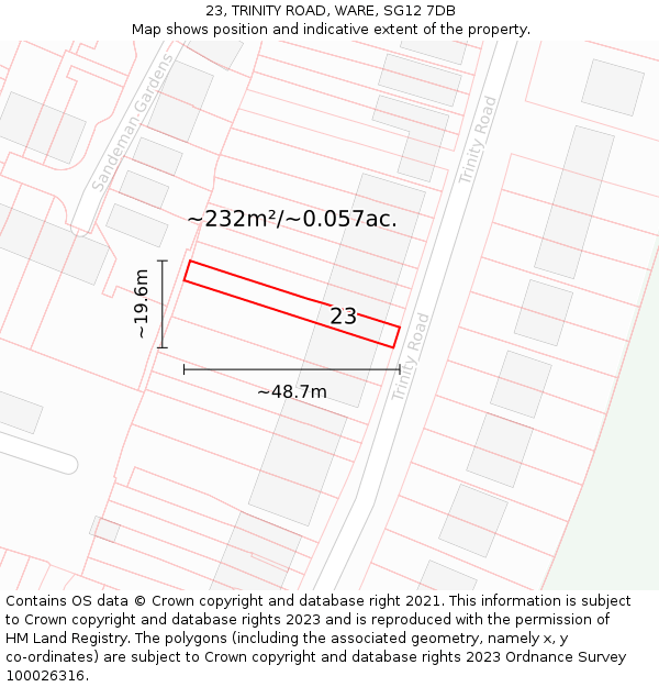 23, TRINITY ROAD, WARE, SG12 7DB: Plot and title map