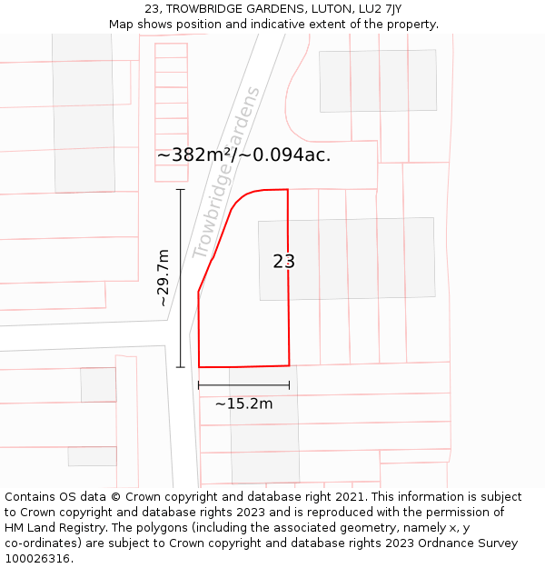 23, TROWBRIDGE GARDENS, LUTON, LU2 7JY: Plot and title map
