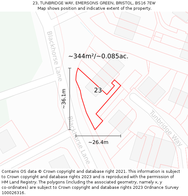 23, TUNBRIDGE WAY, EMERSONS GREEN, BRISTOL, BS16 7EW: Plot and title map
