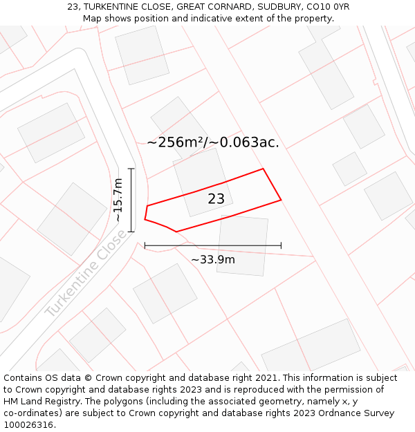 23, TURKENTINE CLOSE, GREAT CORNARD, SUDBURY, CO10 0YR: Plot and title map