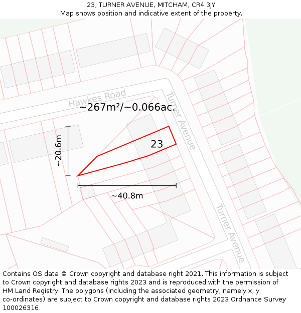 23, TURNER AVENUE, MITCHAM, CR4 3JY: Plot and title map