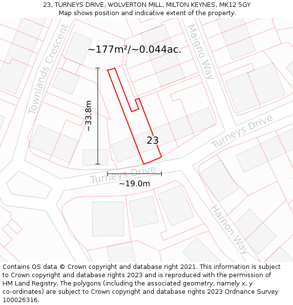 23, TURNEYS DRIVE, WOLVERTON MILL, MILTON KEYNES, MK12 5GY: Plot and title map