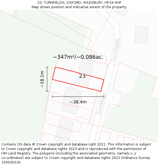 23, TURNFIELDS, ICKFORD, AYLESBURY, HP18 9HP: Plot and title map