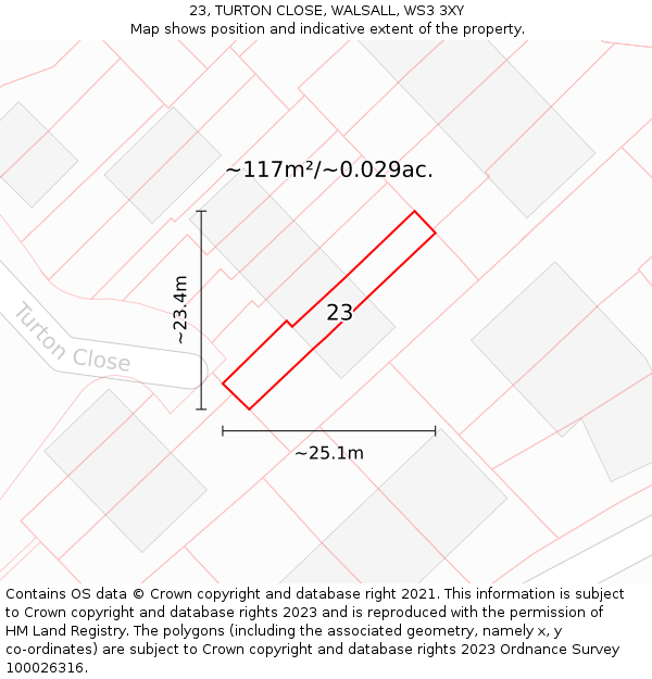 23, TURTON CLOSE, WALSALL, WS3 3XY: Plot and title map
