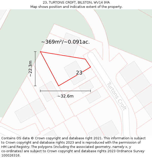 23, TURTONS CROFT, BILSTON, WV14 9YA: Plot and title map