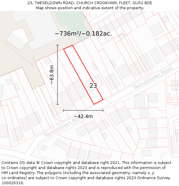 23, TWESELDOWN ROAD, CHURCH CROOKHAM, FLEET, GU52 8DE: Plot and title map