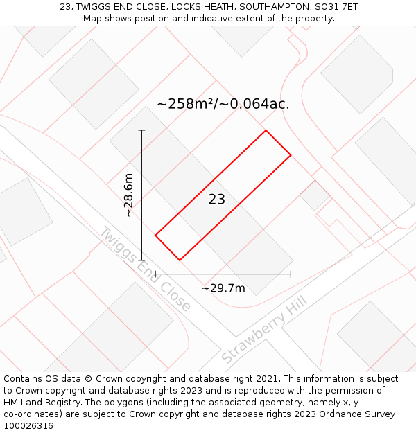 23, TWIGGS END CLOSE, LOCKS HEATH, SOUTHAMPTON, SO31 7ET: Plot and title map