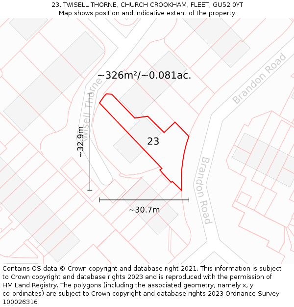 23, TWISELL THORNE, CHURCH CROOKHAM, FLEET, GU52 0YT: Plot and title map