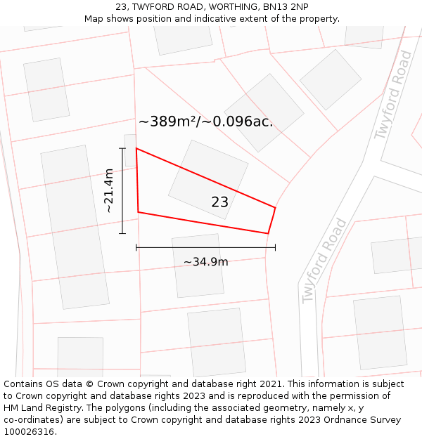 23, TWYFORD ROAD, WORTHING, BN13 2NP: Plot and title map
