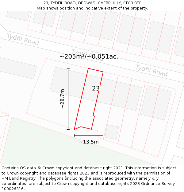 23, TYDFIL ROAD, BEDWAS, CAERPHILLY, CF83 8EF: Plot and title map